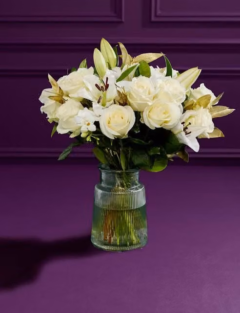 M&S X Dame Joan Collins White Floral Bouquet with Glass Vase