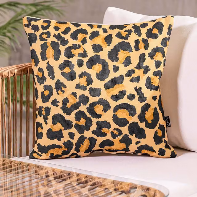 ICON Kyoto Fabric Square Cushion in New Leopard Print, Beige and Multicolour, W/D/H: 43 x 43 x 43 cm