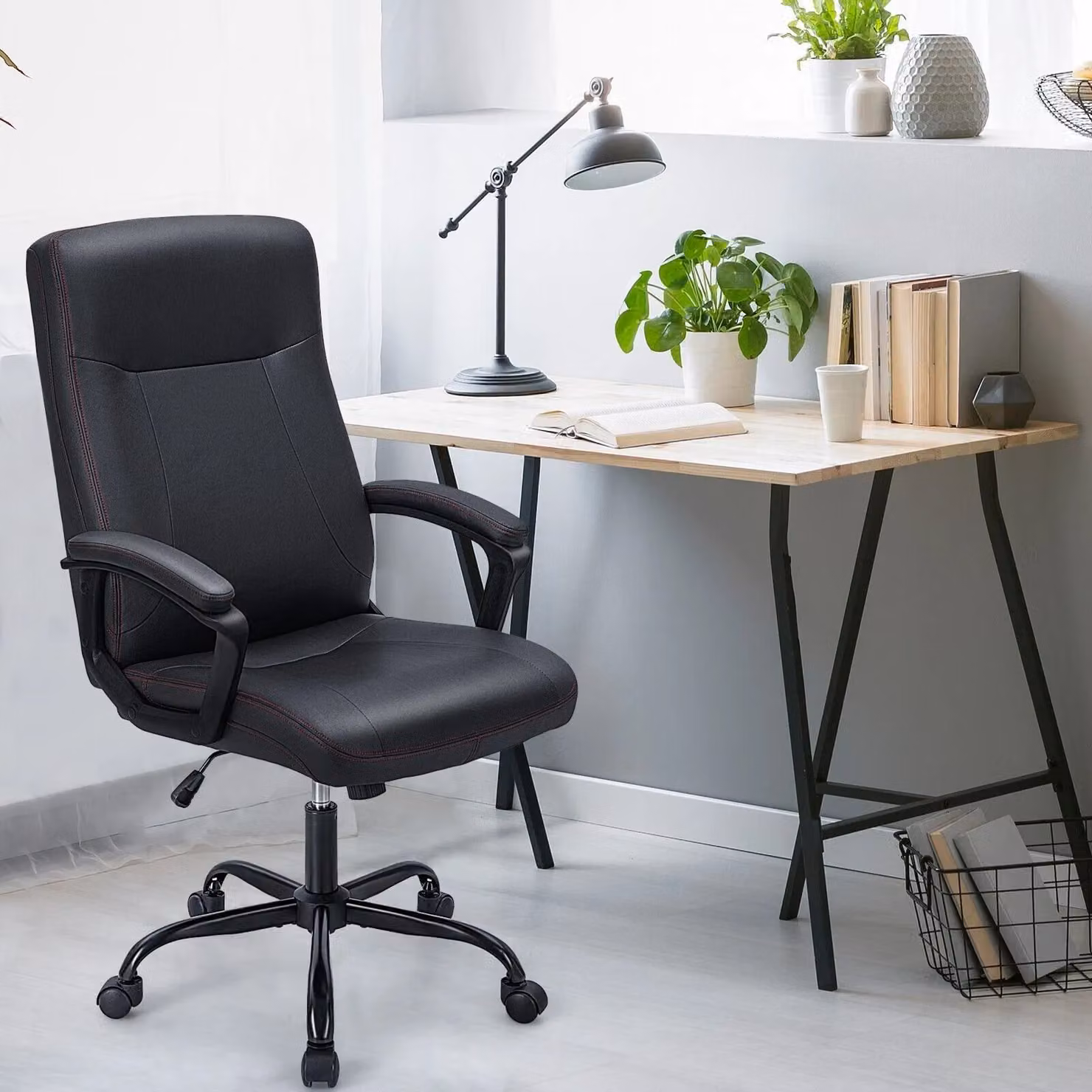 Costway Black Synthetic Leather Upholstered Executive Office Chair with Armrests and Swivel Function – 4