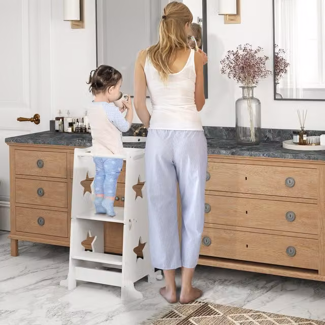 AIYAPLAY 2-in-1 Toddler Step Stool with Safety Rail for Kitchen, White
