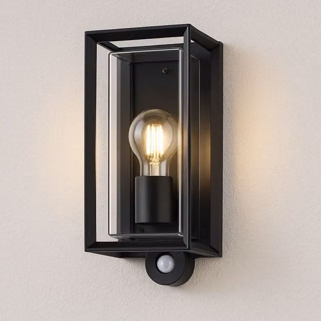 CGC Lighting Black Outdoor Wall Lantern with Transparent Diffuser, E27 Socket and PIR Motion Sensor, IP54 Rated – 1