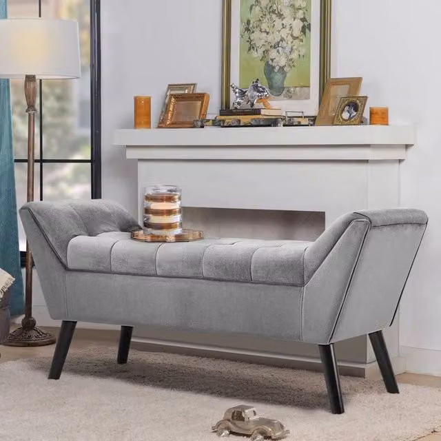 KORVIXA Grey Velvet Longue Chair Bed End Stool and Bedside Bench