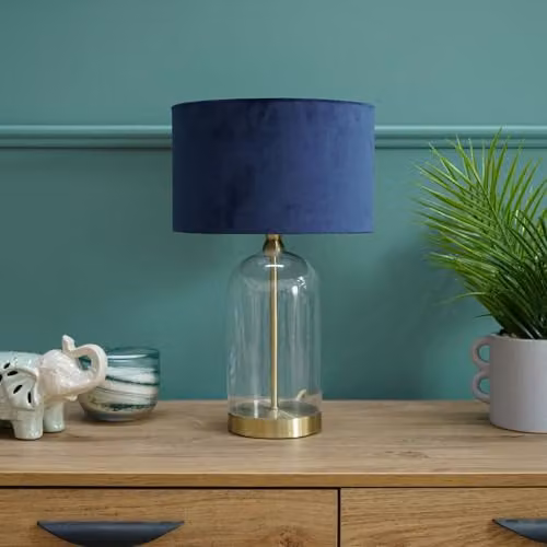 ValueLights Glass and Gold Metal Table Lamp with Navy Blue Velvet Lampshade and Warm White LED Bulb – 2