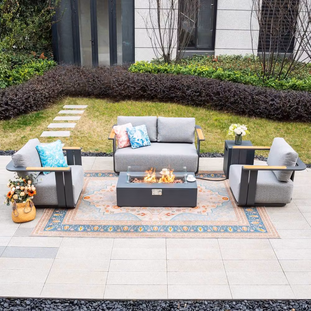 Mimo 4-Seater Grey Garden Furniture Set with Powder Coated Aluminium Frame, Teak Accents and Iron Firepit Table – 4