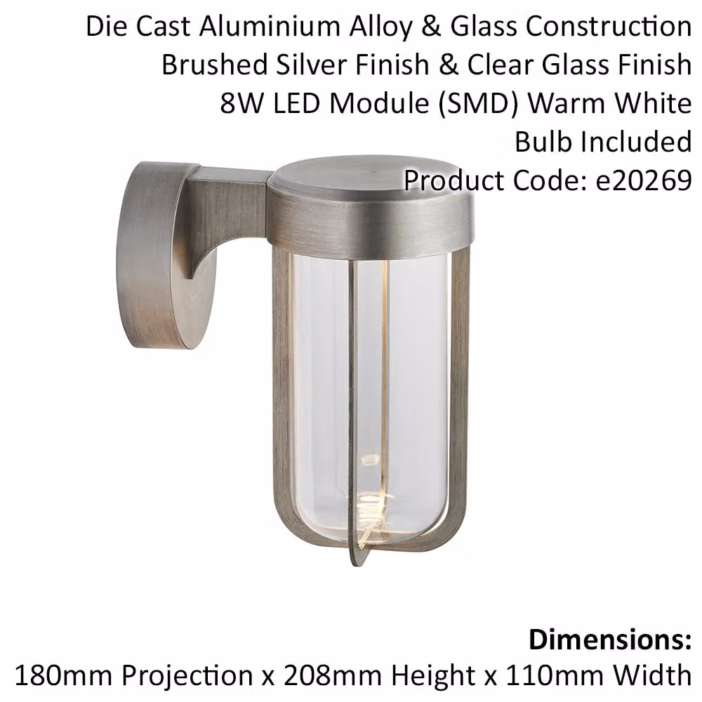 Loops Brushed Silver Outdoor Wall Light with Transparent Glass Shade, IP44 Rated, Integrated Warm White LED – 2