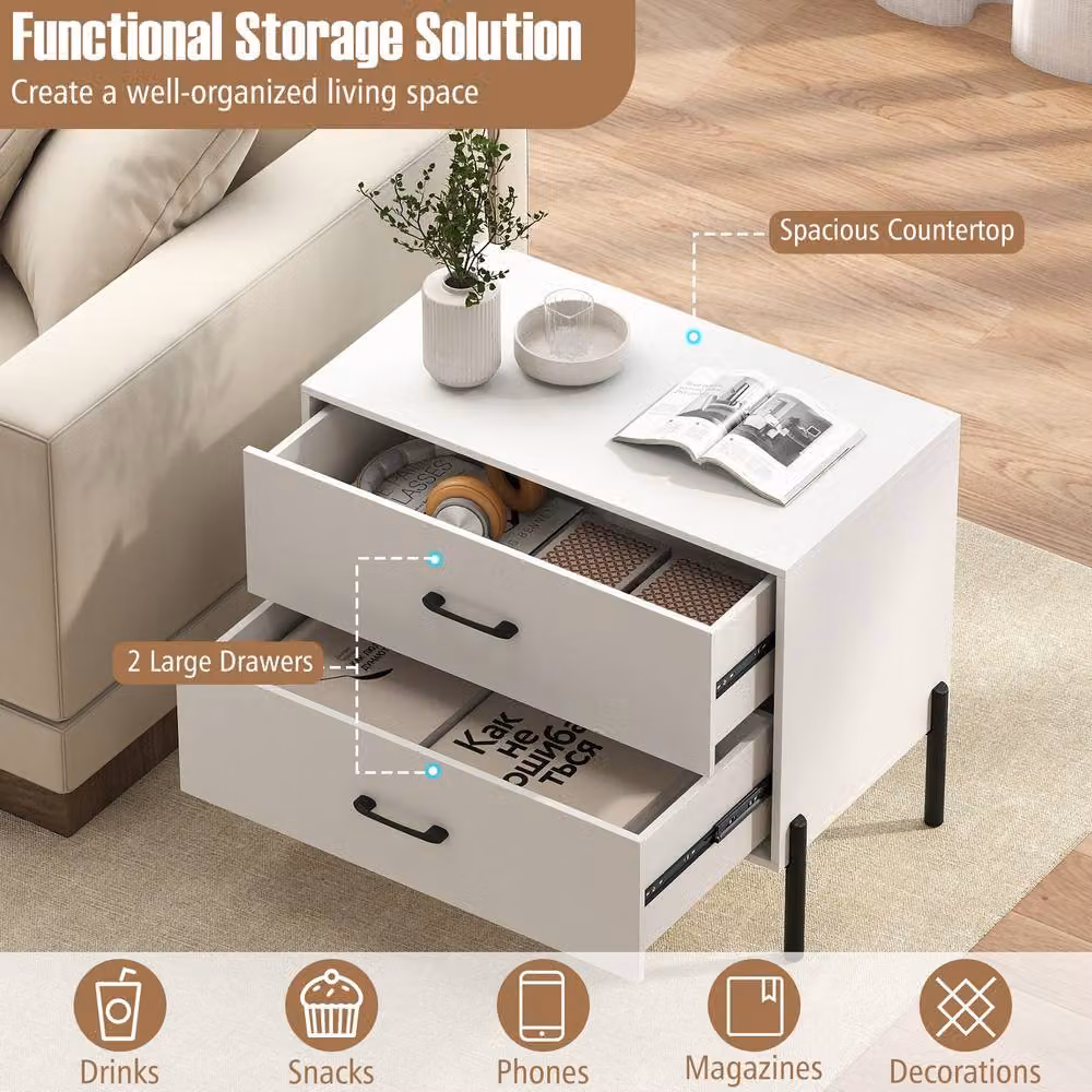 Gymax Modern 2-Drawer Wooden Nightstand with Metal Legs in White – 3