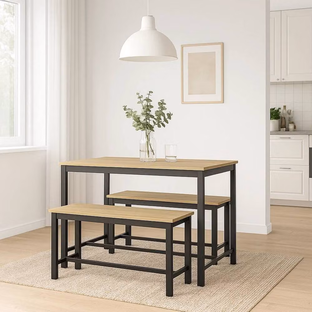 PAWNORA 3 Piece Modern Oak Kitchen Dining Set with Table and Benches in Light Oak and Beige – 2