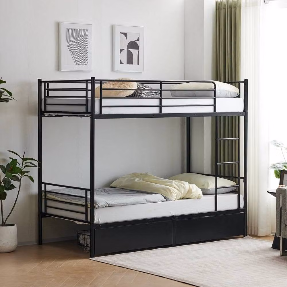 KORVIXA Modern Metal Twin Bunk Bed Frame with Storage Drawers and Ladder in Black, W/D/H: 90 x 190 cm