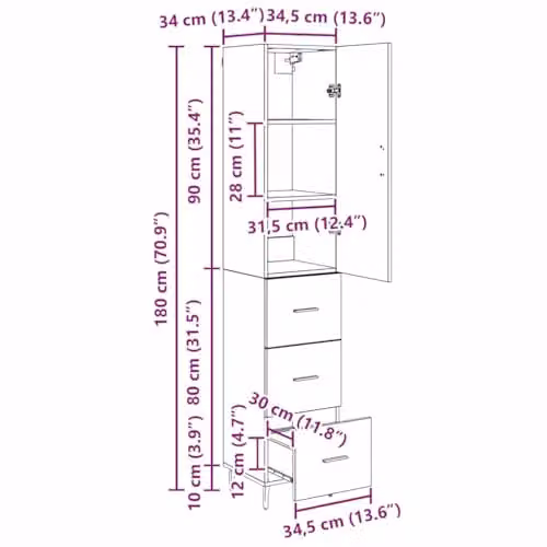vidaXL Modern Tall Highboard in Brown with Hinged Doors and Drawers, W/D/H: 34.5 x 34.0 x 180.0 cm – 2