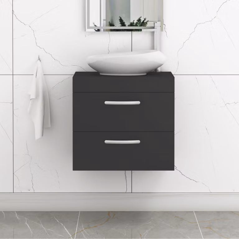 Royal Bathrooms Turin 500mm Wall Hung Vanity Unit with 2 Drawers and Countertop Basin in Matt Black with Brushed Brass Handle