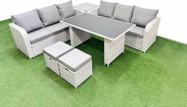 Fimous 8 Seater Rattan Outdoor Dining Set with Side Table and 2 Stools in Light Grey