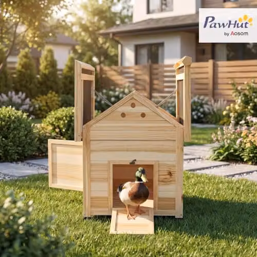 PawHut Wooden Duck House and Chicken Coop with Double Doors in Brown Rustic Finish – 2