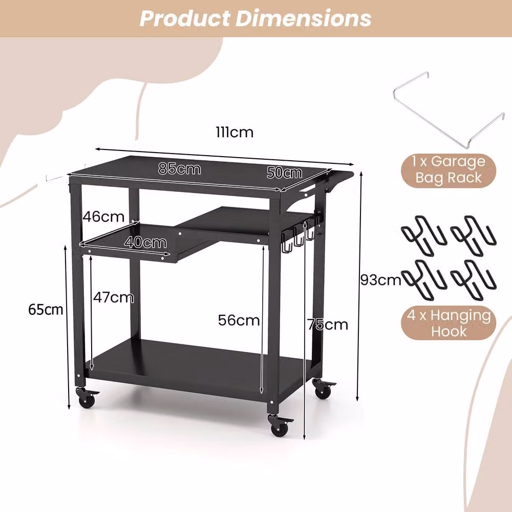 Costway Black Metal Outdoor BBQ Cart and Pizza Oven Table with 3 Shelves, W/D/H: 111.0 x 50.0 x 75.0 cm – 2
