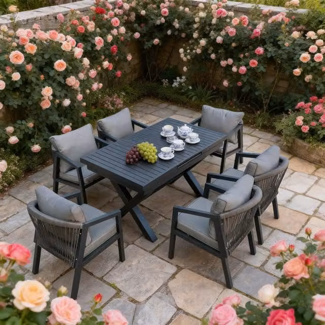 Furniture One Modern Aluminium Garden Furniture Set in Matt Grey, Includes 1 Table and 6 Chairs