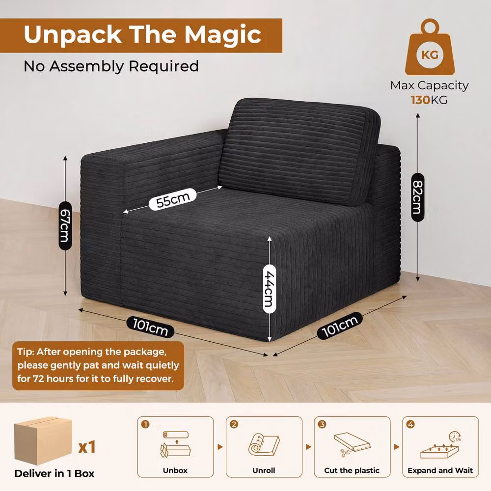 Dprodo Corduroy Modular Sofa, Left Seat Only, Black, W/D/H: 101 x 101 x 82 cm – 2