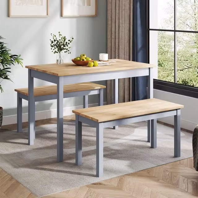 Livingandhome Modern Rectangular Dining Table and Benches Set in Matt Grey