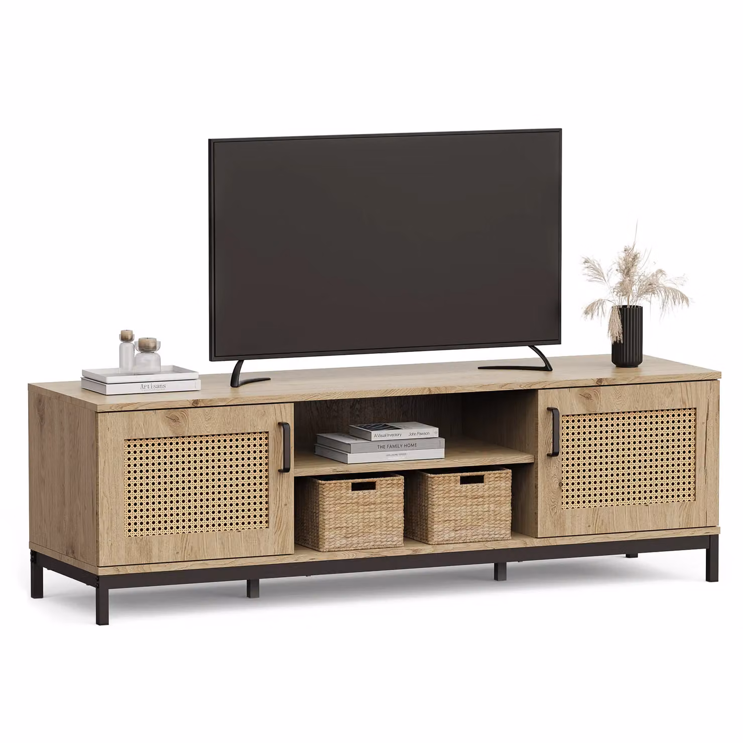 VonHaus Lena Rattan Effect Living Room Storage TV Stand in Brown – 2