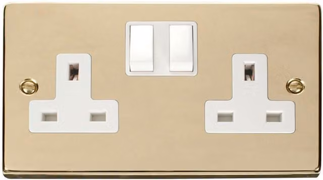 SE HOME White and Gold Flush Plate Double Socket with Brass Details