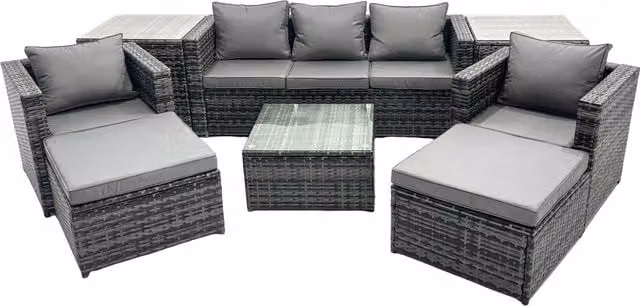 Fimous 7 Seater Patio Lounge Sofa Set with 2 Side Tables and 2 Large Footstools in Dark Grey