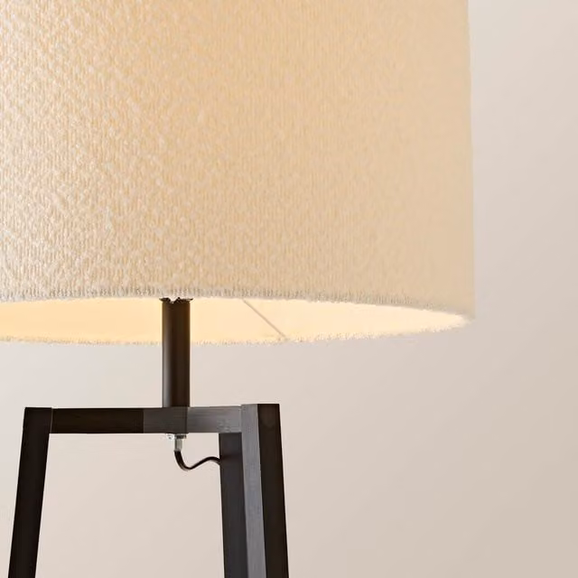 ValueLights Hiru Black 3 Tier Shelf Floor Lamp with Beige Fabric Boucle Shade and Bulb