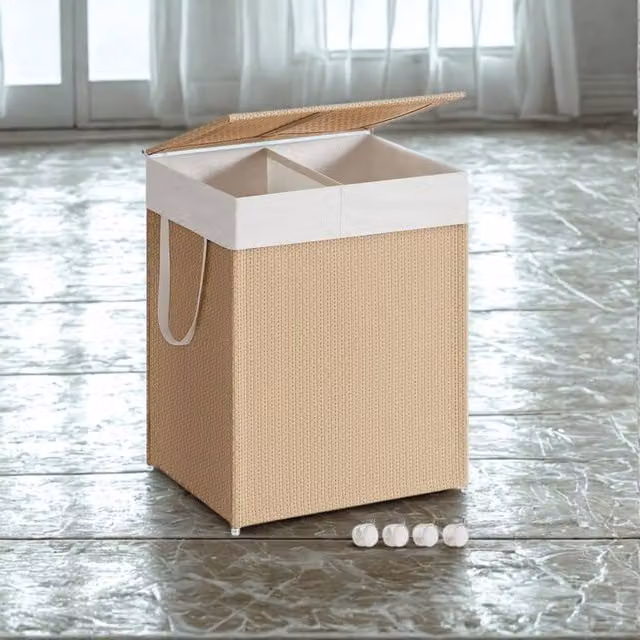 Pirlo Plush 100L Double Laundry Basket with Lid and Removable Lining in Beige