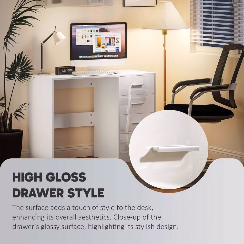 Wyld Haus Reka Modern Glossy White Writing Desk with Dual Pedestal Drawers, H: 98 cm, W: 120 cm, D: 60 cm – 7