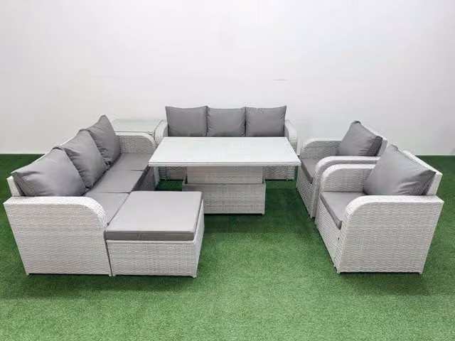 Fimous Grey PE Rattan High Back Lounge Sofa Set with 3 Seater Reclining Sofa and Adjustable Lifting Coffee Table