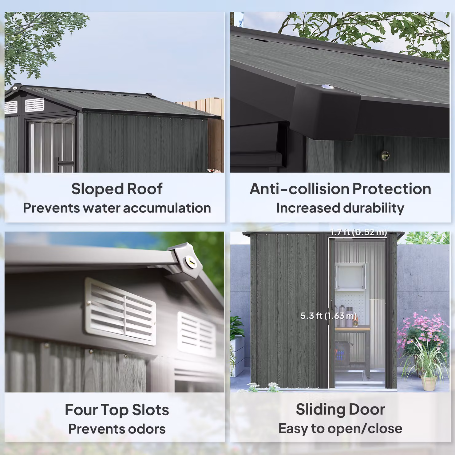 Outsunny Grey Wood Effect Outdoor Garden Storage Shed with Sliding Pent Roof and Roof Vent, W/D/H: 188.0 x 132.0 x 131.07 cm – 4