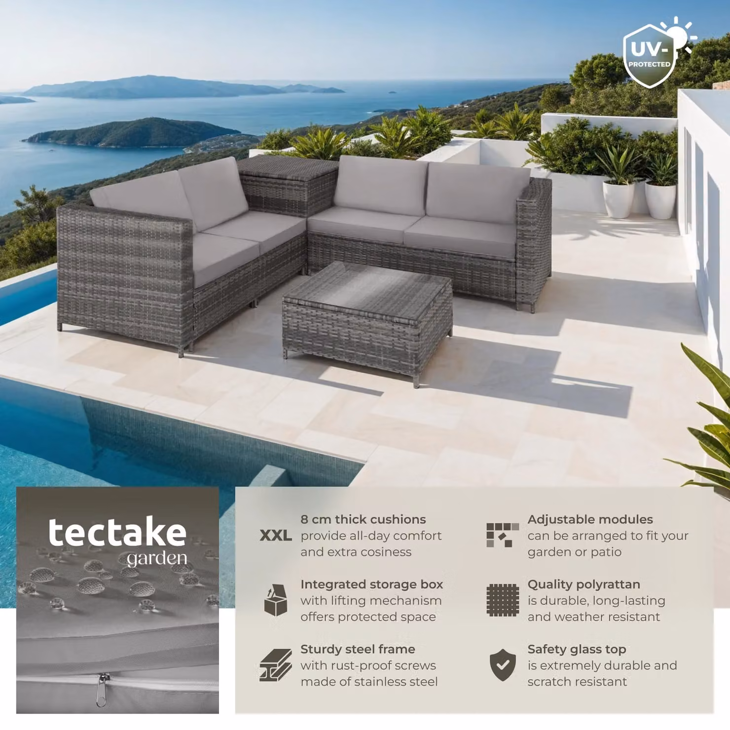 tectake Siena Garden Furniture Set in Grey with Rattan, Metal and Glass for 4 Adults – 2