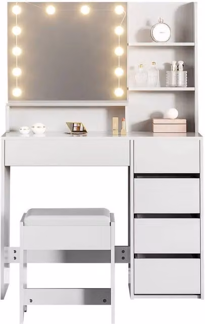 FLAVORA White Modern Vanity Dressing Table with 5 Drawers and LED Illuminated Hollywood Mirror