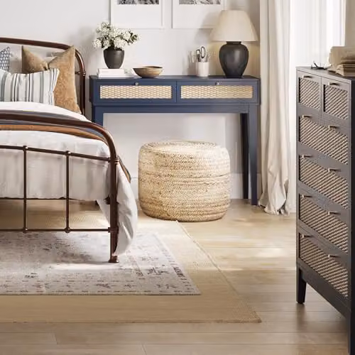 LPD Bordeaux 2 Drawer Dressing Table in Blue and Oak with Gold Details, W: 110 cm, D: 32 cm, H: 84.5 cm – 3