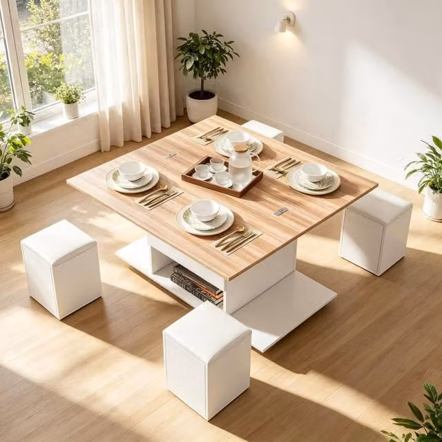 Merax White Lift Top Coffee Table with 4 Hidden Stools and Storage Compartment