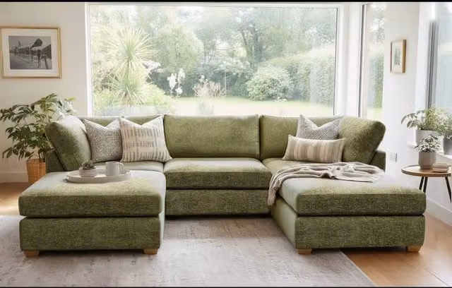 The Great Sofa Company Hyde U Shape Corner Sofa in Green with Matching Ottoman and Scatter Cushions