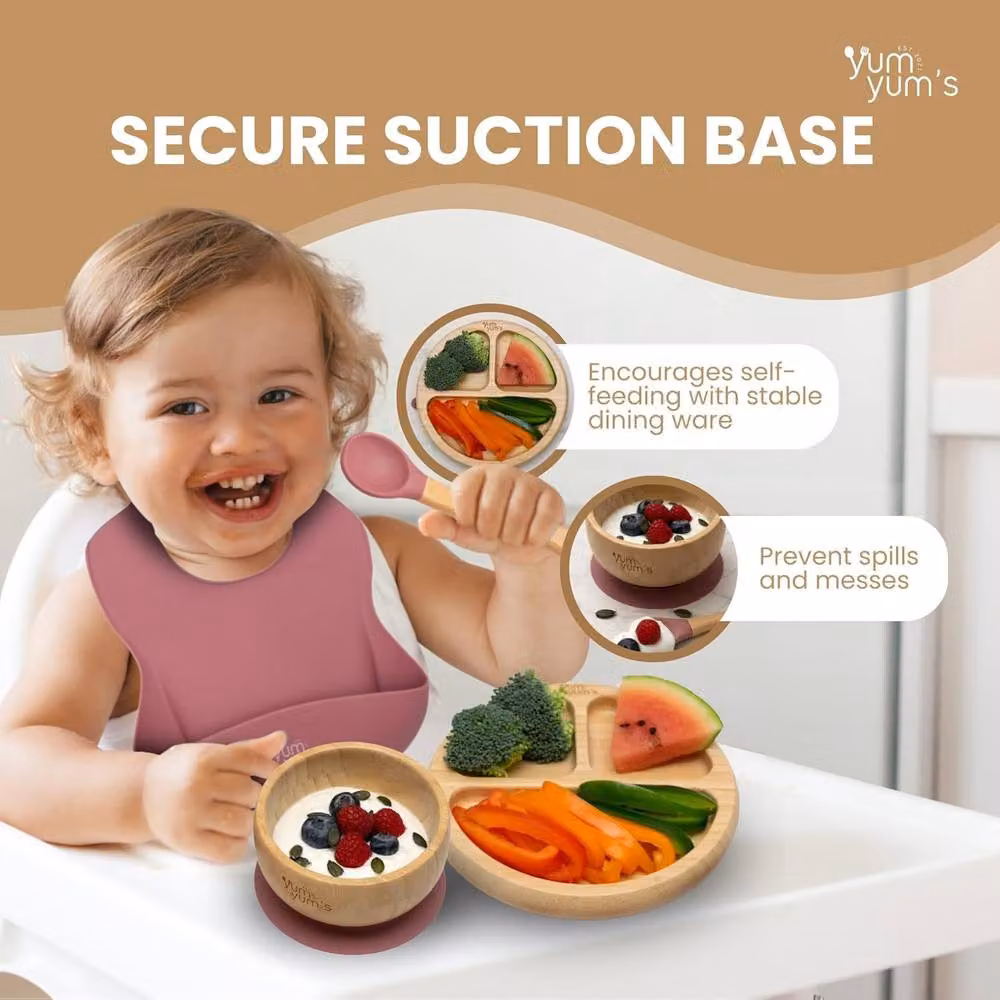 Yum Yums 6-Piece Pink Silicone and Bamboo Baby Weaning Feeding Set – 5
