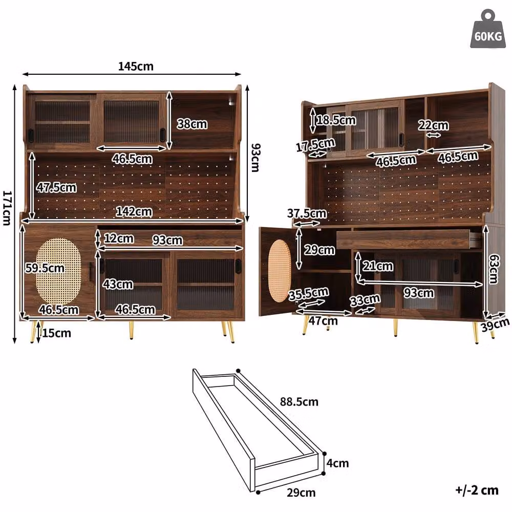 BTM Country Style Sideboard with LED Light and Fluted Glass Doors in Brown, W/D/H: 171 x 39 x 39 cm – 4