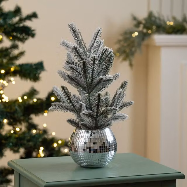 Scottish Everlastings Ltd Silver Mirrorball Potted Tabletop Christmas Tree, Height: 37 cm