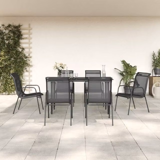 Berkfield Home 7 Piece Garden Dining Set in Black Steel and Textilene