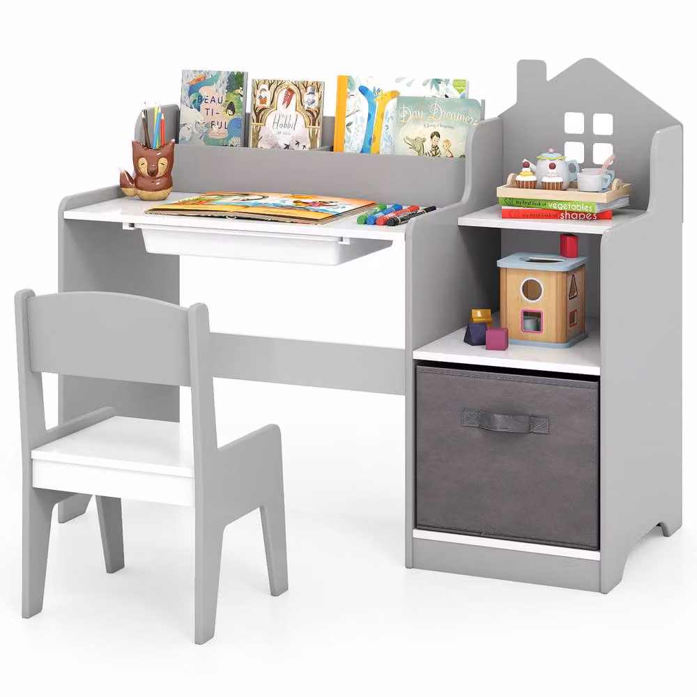 Costway Kids Study Desk and Chair Set with Shelves in Grey Wood – 3
