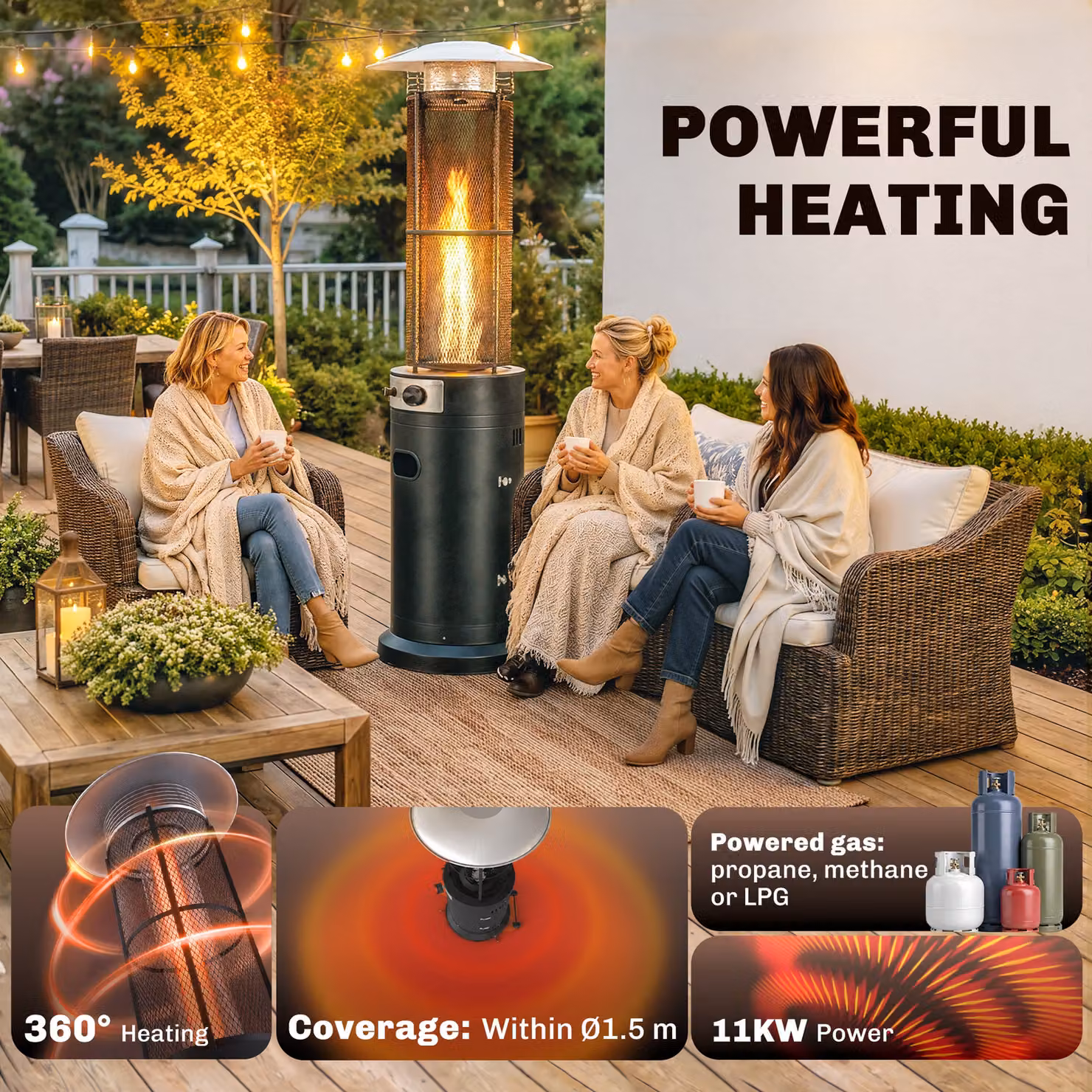 Outsunny 11 kW Freestanding Gas Patio Heater in Black with Adjustable Height, Pulse Ignition and Tip-Over Switch – 4