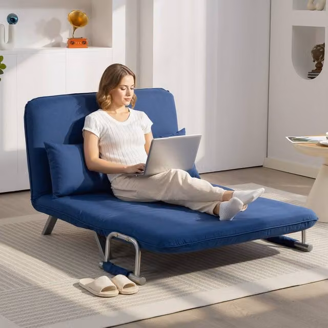 HOMCOM Modern Click-Clack Convertible 2 Seater Fabric Sofa Bed in Blue with Scatter Cushions – 1