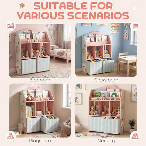 AIYAPLAY Kids Bookshelf and Toy Storage Unit with Animal Print in Pink, W/D/H: 62.5 x 30.0 x 91.5 cm – 3