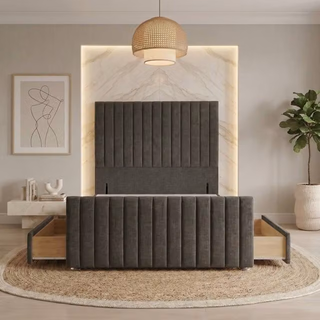 Somnior Eleanor Linen Divan Base with 4 Drawers, 54 inch Headboard and 22 inch Footboard, Dark Grey, W/D/H: 200 x 200 x 137.16 cm – 1