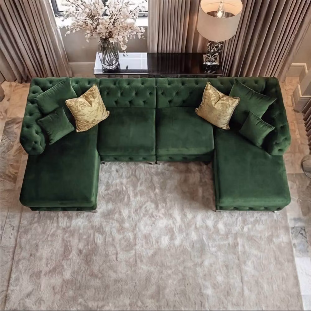 Sofaya Monaco 4 Seater Chesterfield U-Shaped Chaise Sofa in Green Velvet – 3