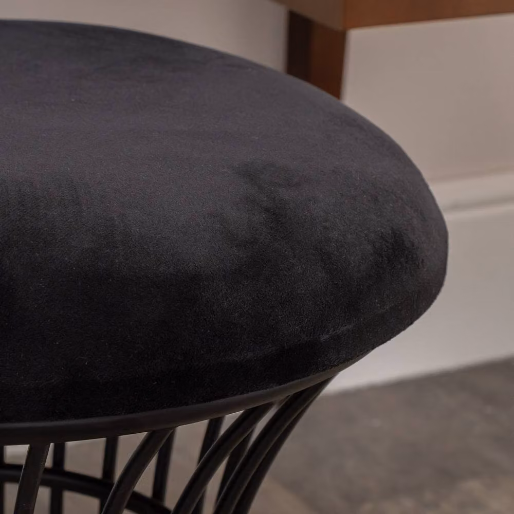 Melody Maison Black Velvet Upholstered Cylindrical Dressing Table Stool with Matt Metal Frame – 2