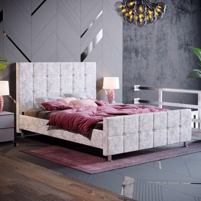 Vida Designs Valentina Modern Upholstered Fabric Bed in Silver Grey Velvet, W/D/H: 140 x 200 cm