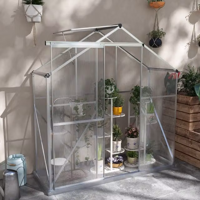 Outsunny Silver Walk-In Polycarbonate Greenhouse with Sliding Doors