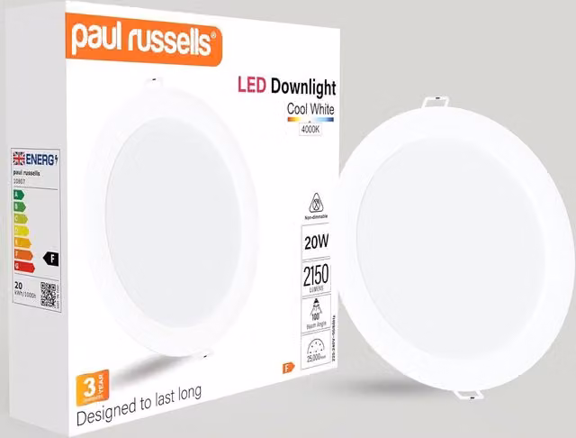 Paul Russells 20W Round Recessed LED Downlight, 2150lm, 4000K Cool White, White, Diameter: 190 mm
