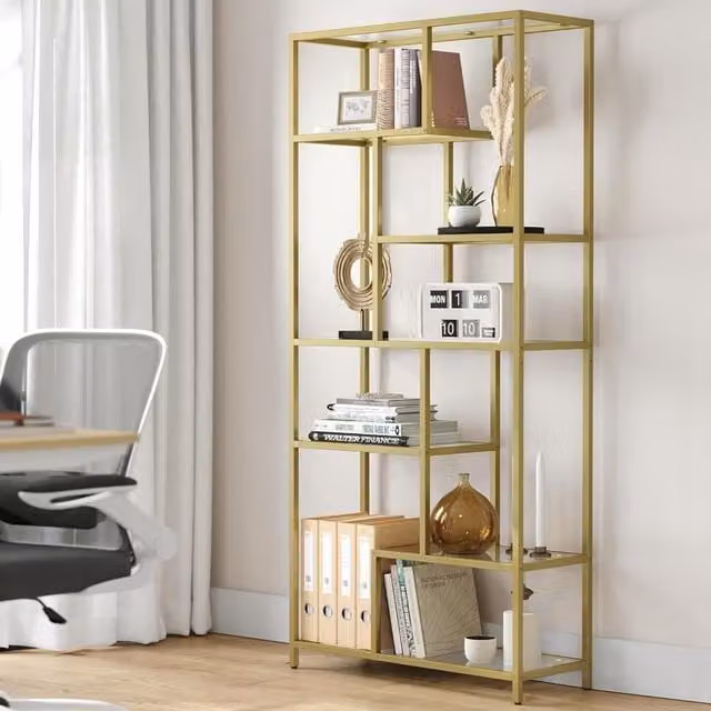 The Bazaarist Tall 6-Tier Luxury Display Bookcase with Adjustable Tempered Glass Shelves and Metal Frame in Gold