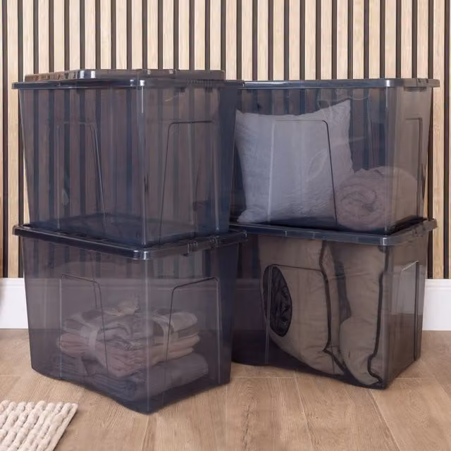 Wham Crystal 80L Plastic Storage Boxes with Lids, Set of 4, Black/Transparent