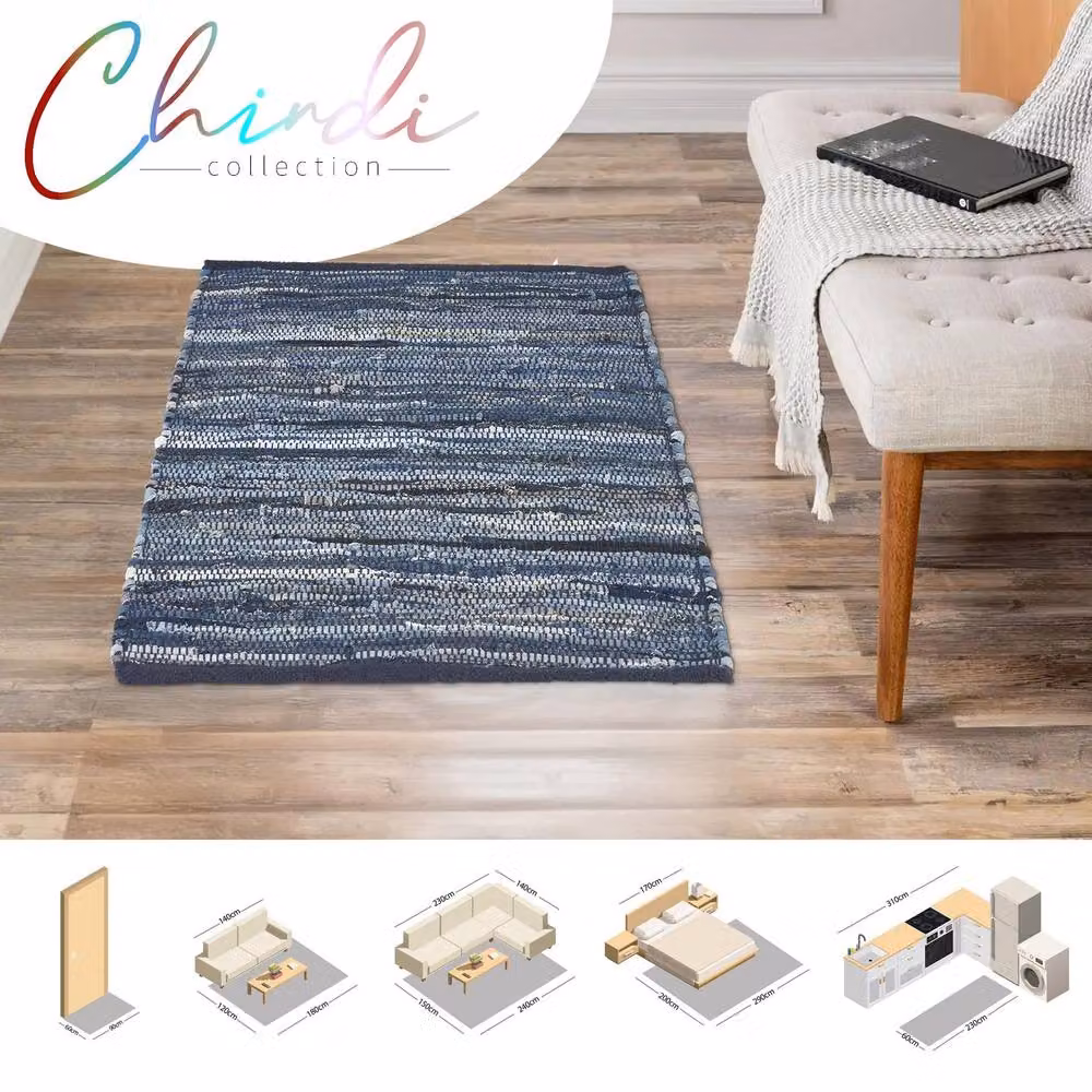 Bravich LTD Handwoven Cotton Chindi Rag Area Rug, Reversible Flat Weave in Blue, W: 120 cm, L: 180 cm – 3